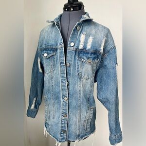Love Tree Sz S Oversized Light Blue Jean Denim Trucker Jacket Raw Edge Trim